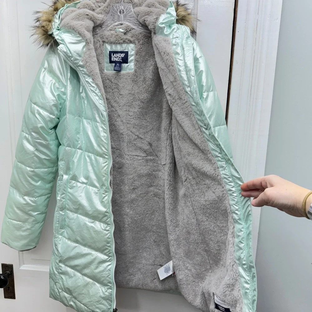 Lands End Girls XL 14 16 Primaloft Iridescent Fur Lined Winter Coat Puffer Green
